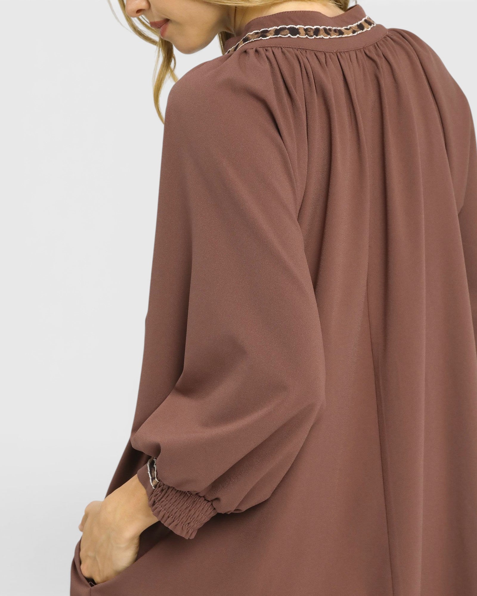 Mocha Embroidered Trim Mini Dress