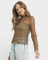 Woman wearing a sheer brown top with long sleeves on a white background