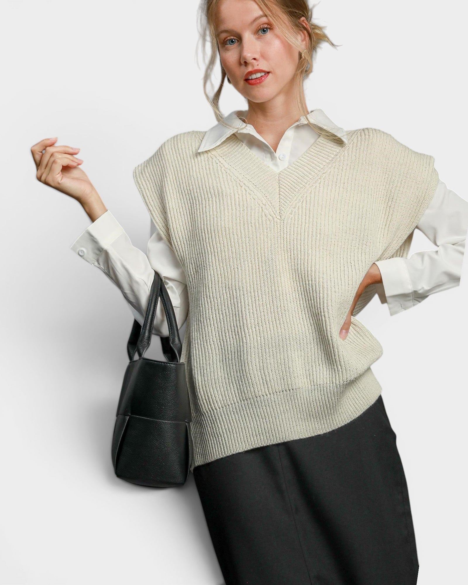 Ivory Ribbed V-Neck Sweater Vest