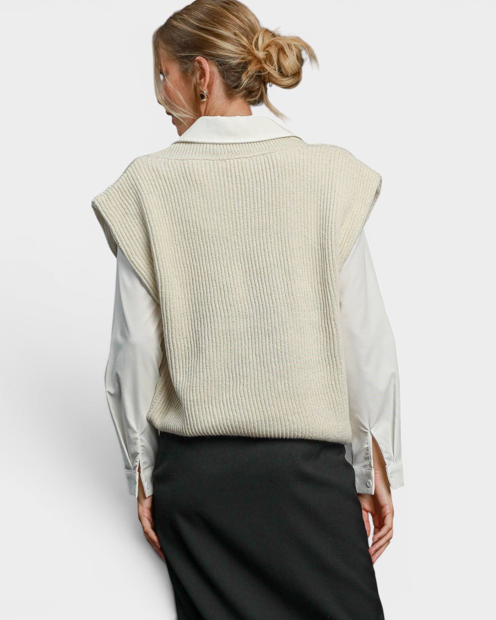 Ivory Ribbed V-Neck Sweater Vest