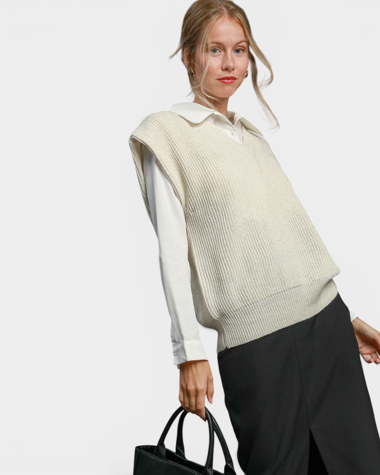 Ivory Ribbed V-Neck Sweater Vest