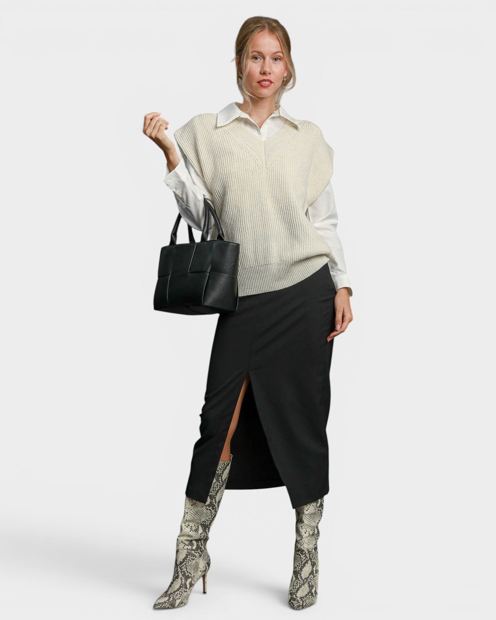 Ivory Ribbed V-Neck Sweater Vest