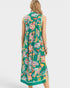 woman wearing green paisley floral midi dress