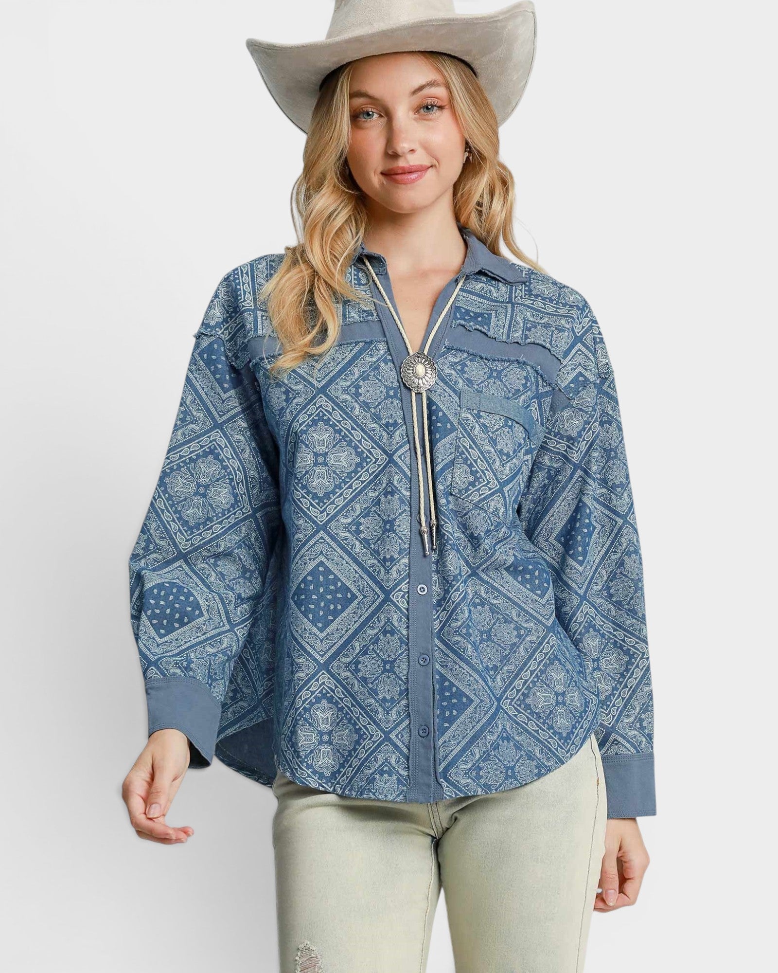 Dusty Blue Bandana Print Button Down Shirt