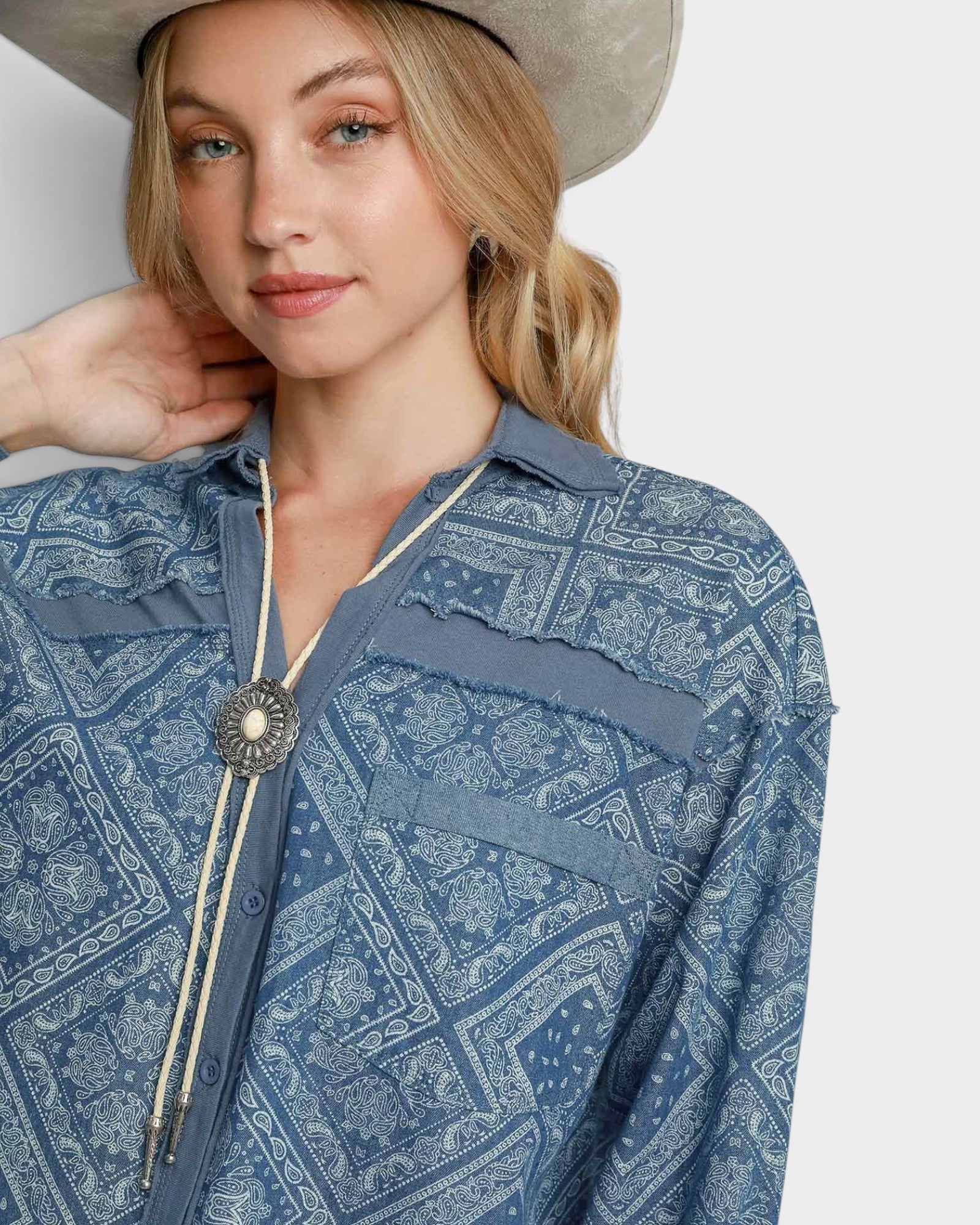 Dusty Blue Bandana Print Button Down Shirt