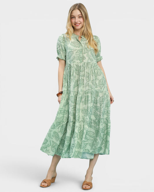 Sage Paisley Tiered Midi Dress