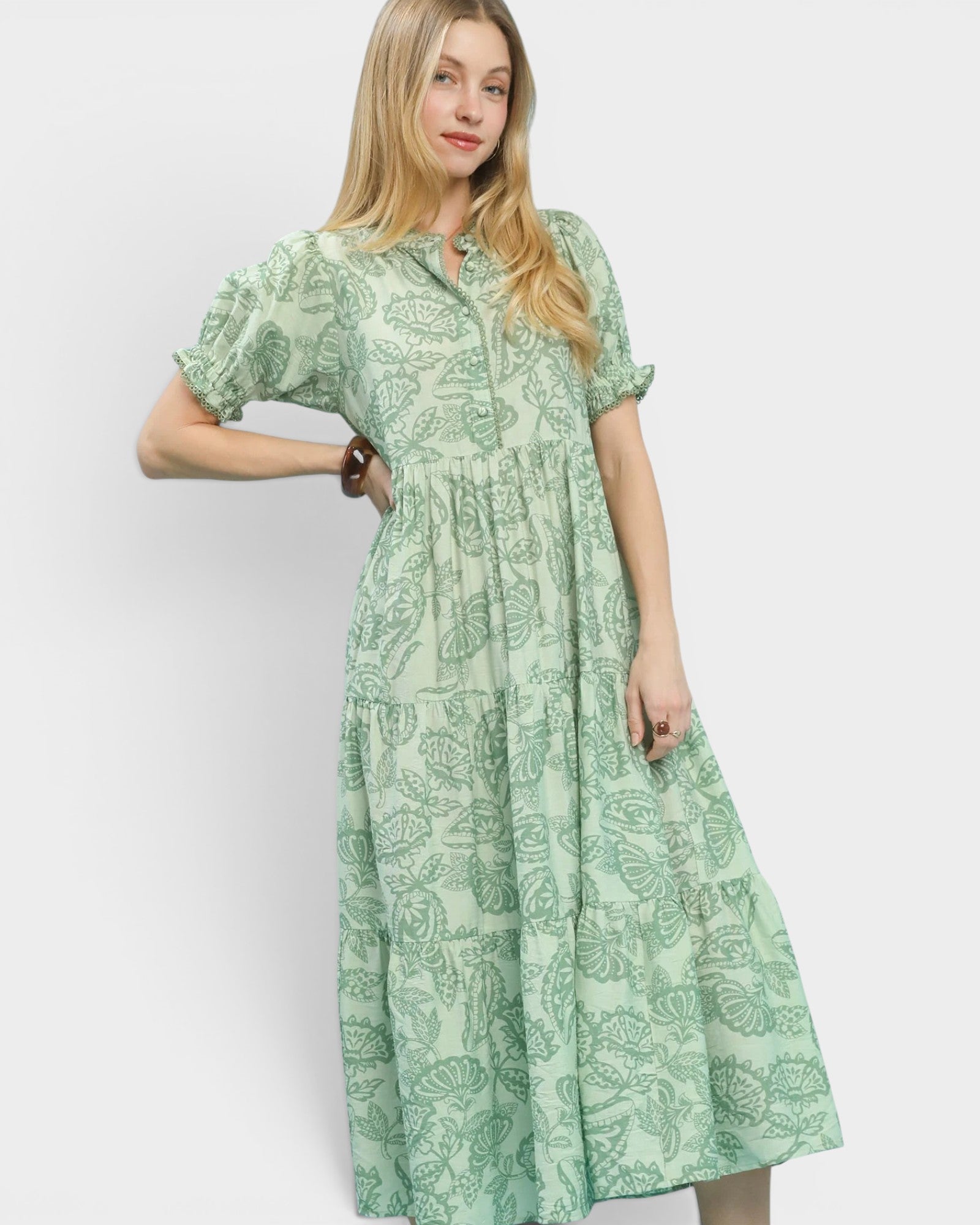 Sage Paisley Tiered Midi Dress