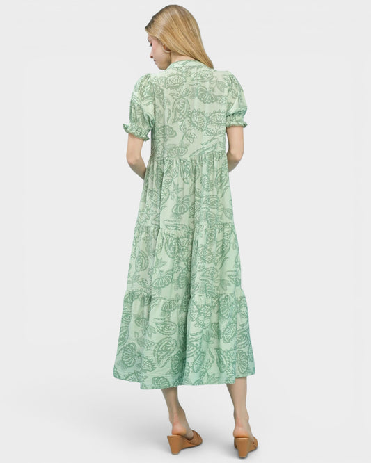 Sage Paisley Tiered Midi Dress