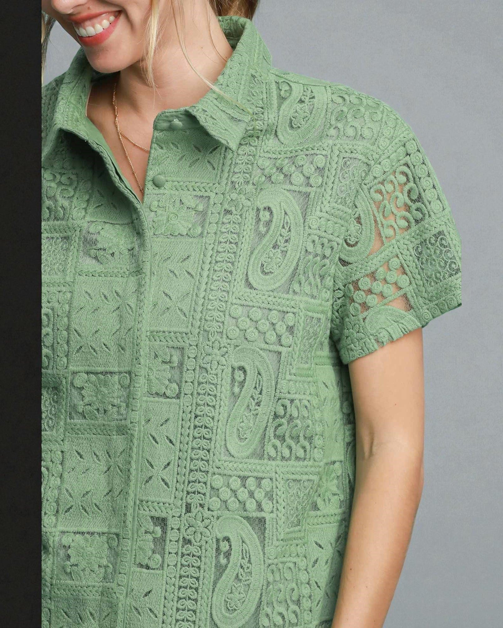 Green patterned shirt worn by a person on a gray background