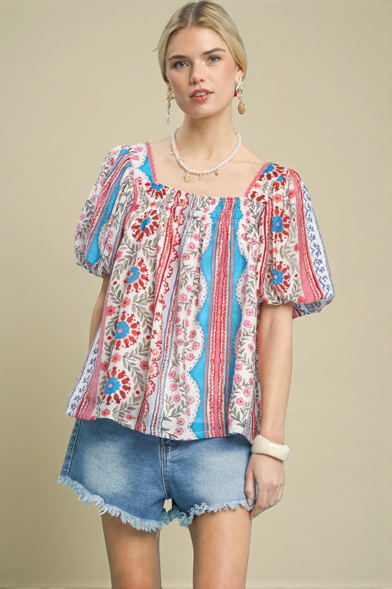 Ivory & Coral Floral Stripe Puff Sleeve Top