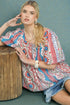 Ivory & Coral Floral Stripe Puff Sleeve Top