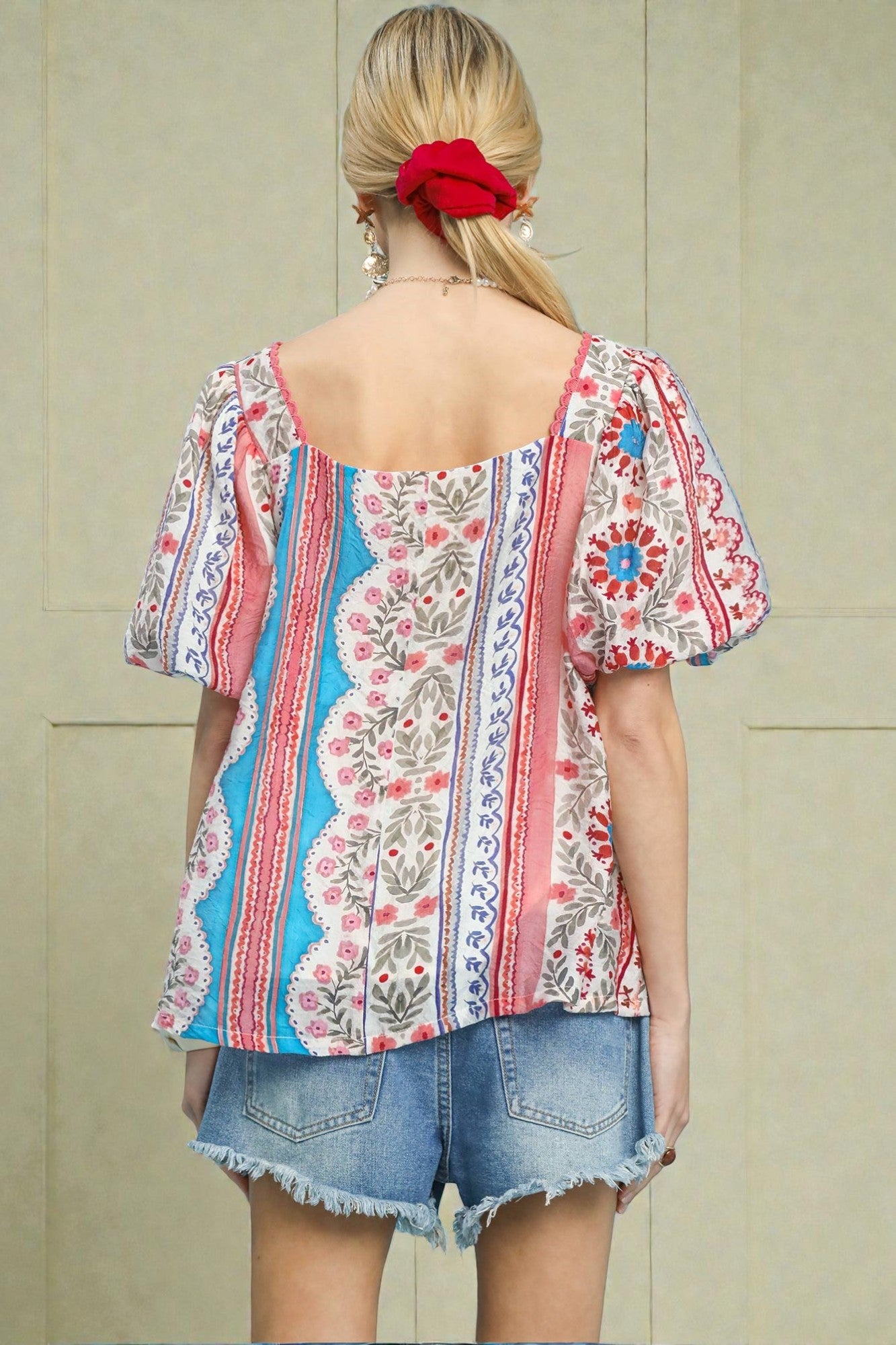 Ivory & Coral Floral Stripe Puff Sleeve Top