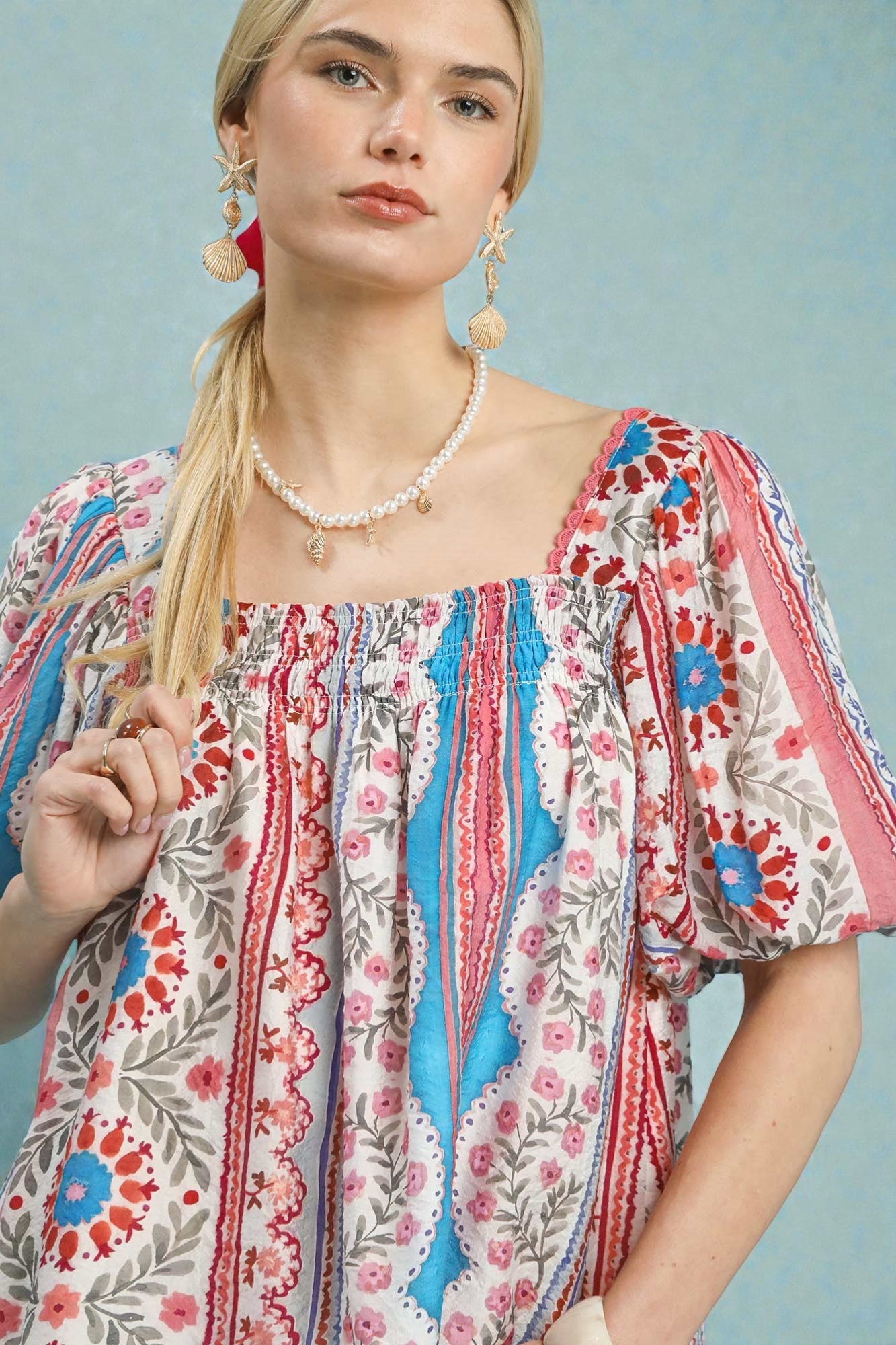 Ivory & Coral Floral Stripe Puff Sleeve Top