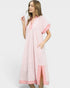 Woman wearing a pink dress with white background