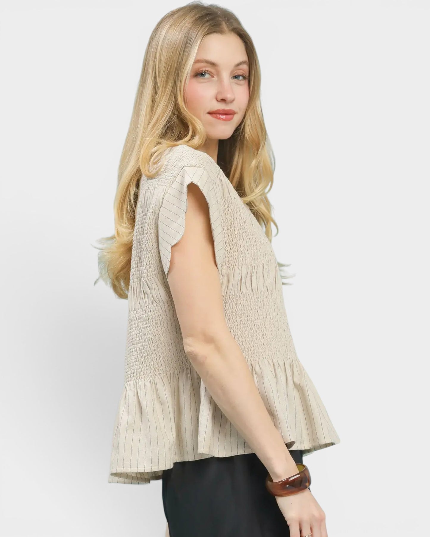 Ivory Pinstripe Smocked Flutter Sleeve Top
