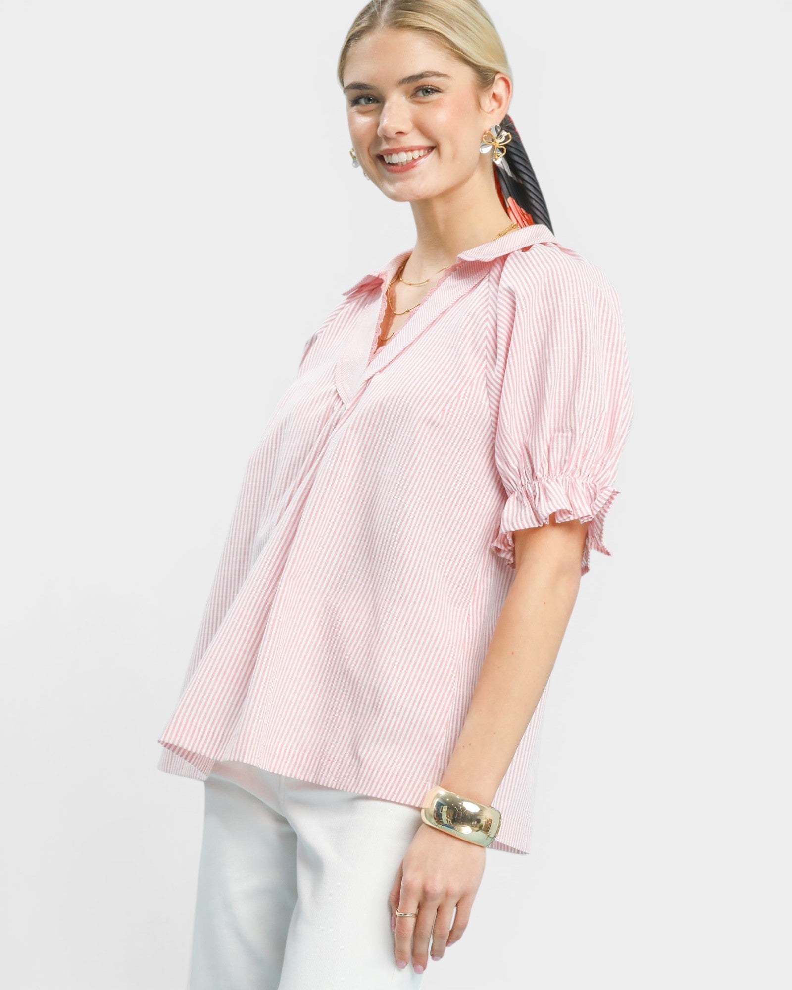 Blush Pink Stripe Ruffle Collar Blouse