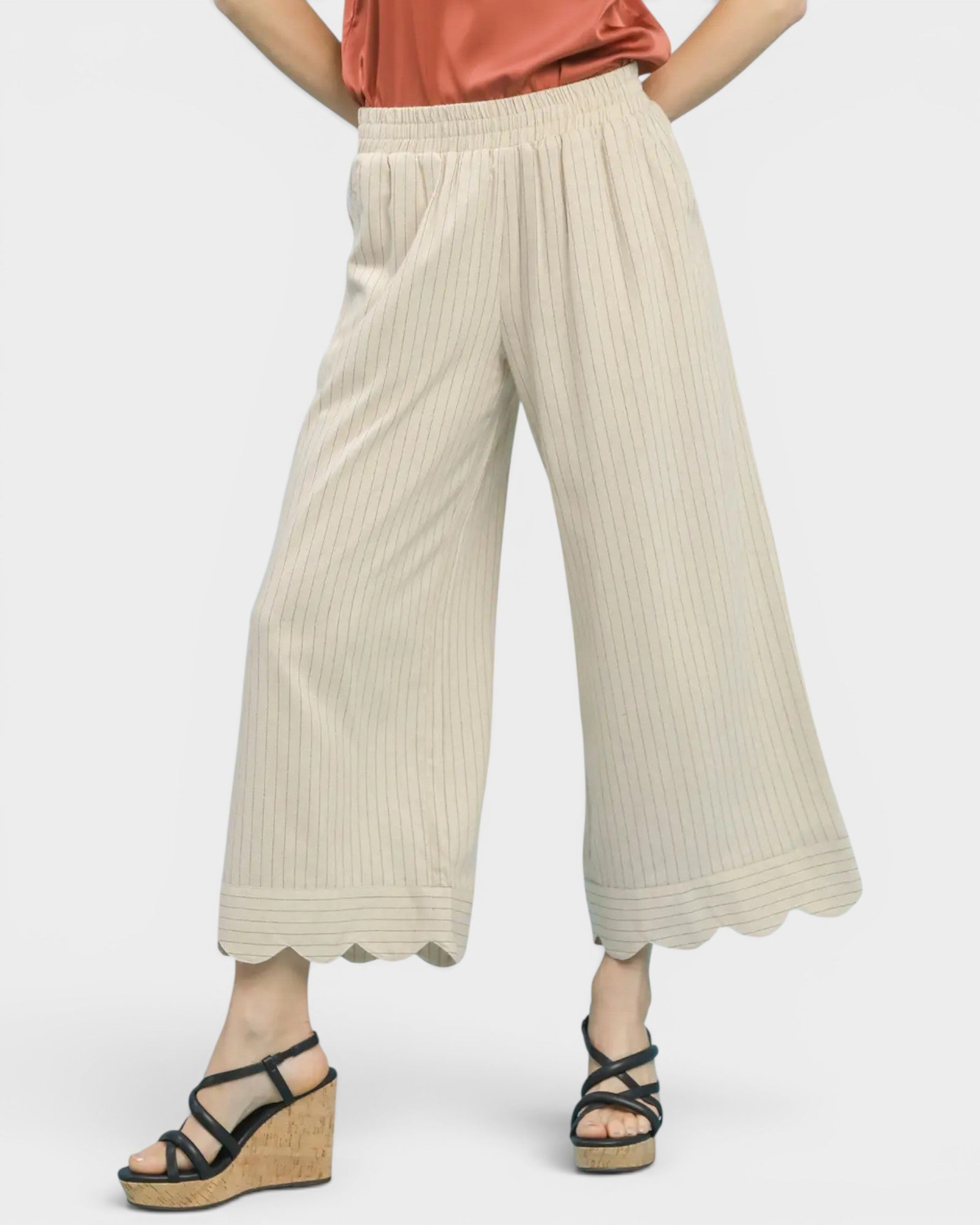 Ivory Pinstripe Scallop Hem Wide Leg Pants