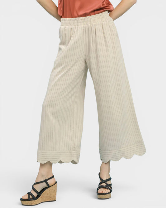 Ivory Pinstripe Scallop Hem Wide Leg Pants