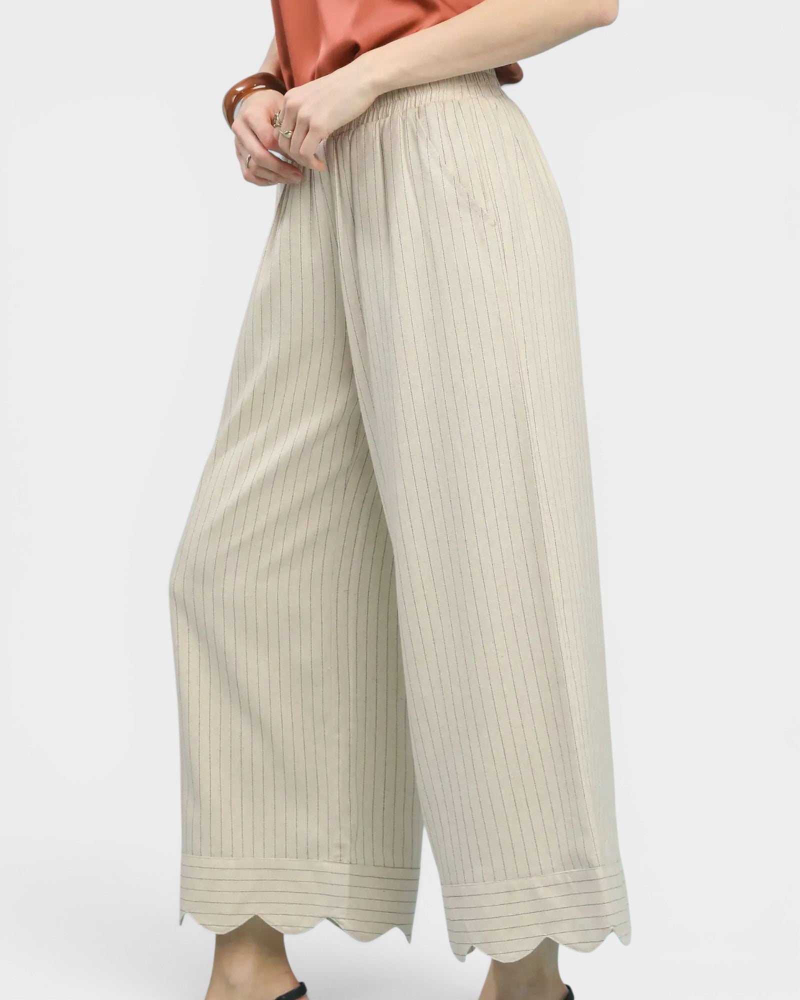 Ivory Pinstripe Scallop Hem Wide Leg Pants