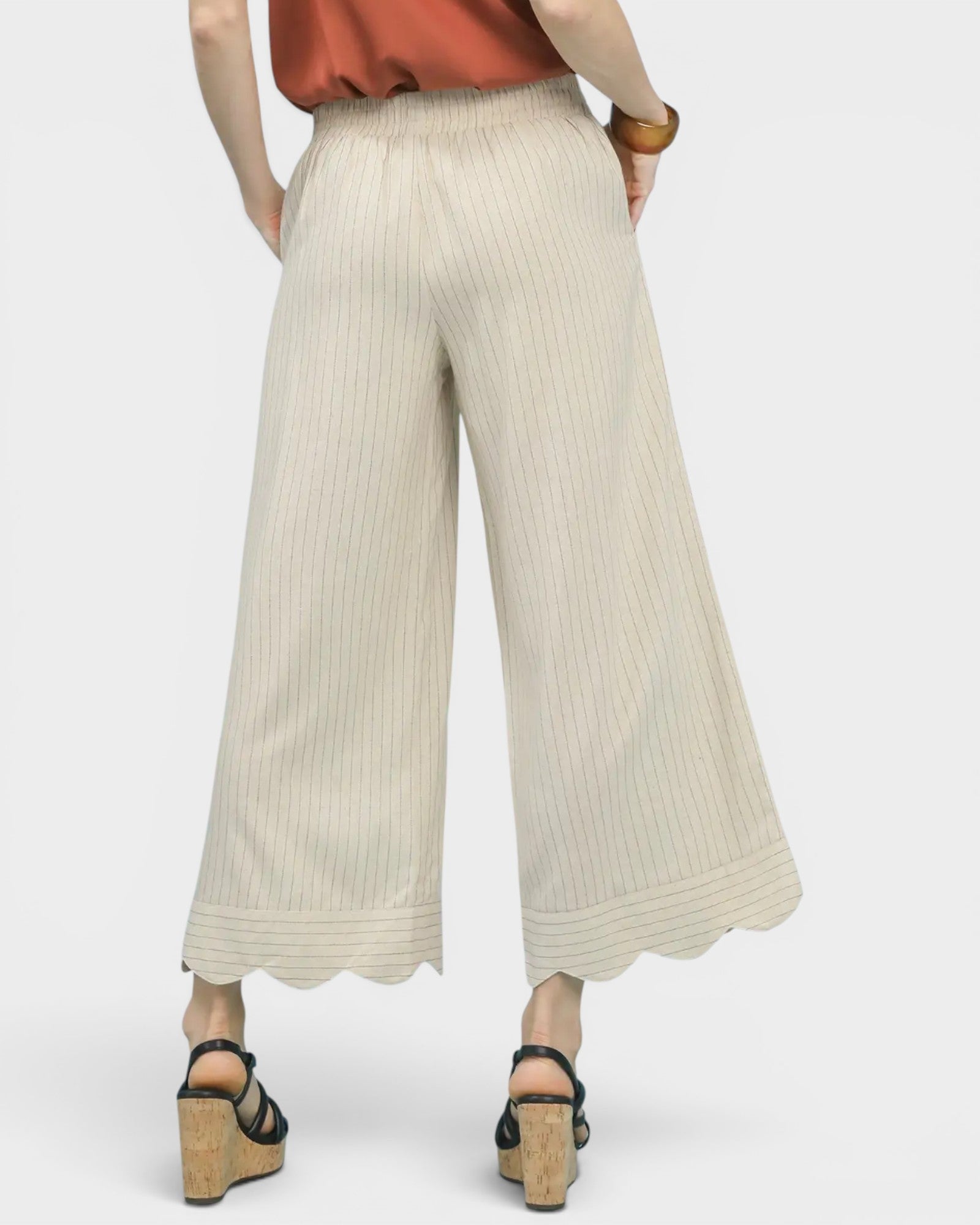 Ivory Pinstripe Scallop Hem Wide Leg Pants