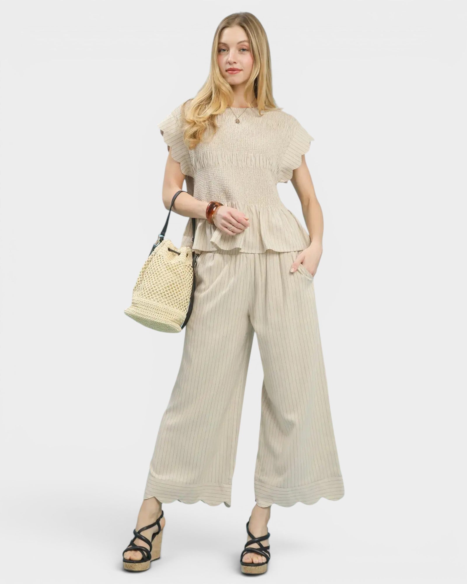 Ivory Pinstripe Scallop Hem Wide Leg Pants