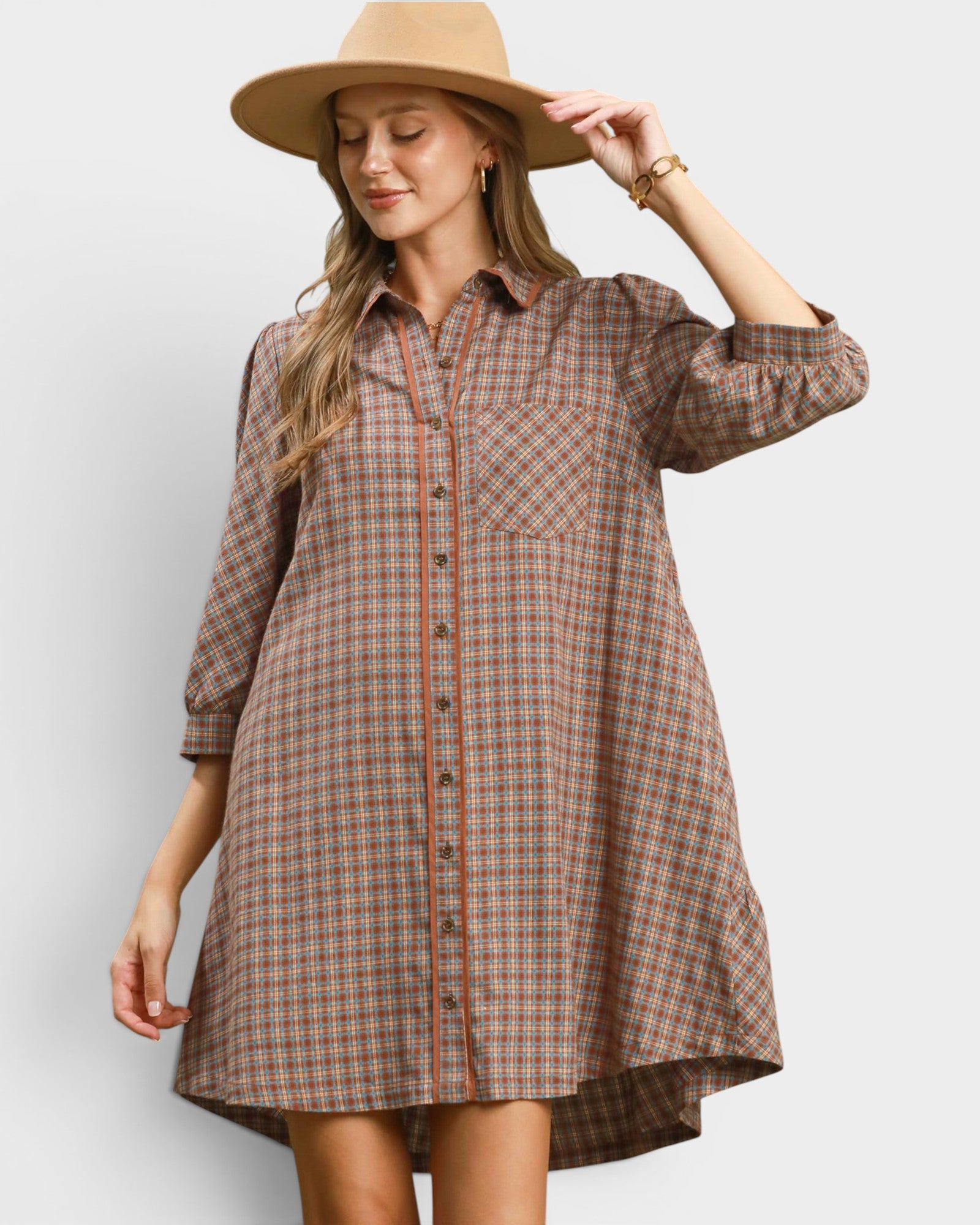 Rust Plaid Tiered Shirt Dress