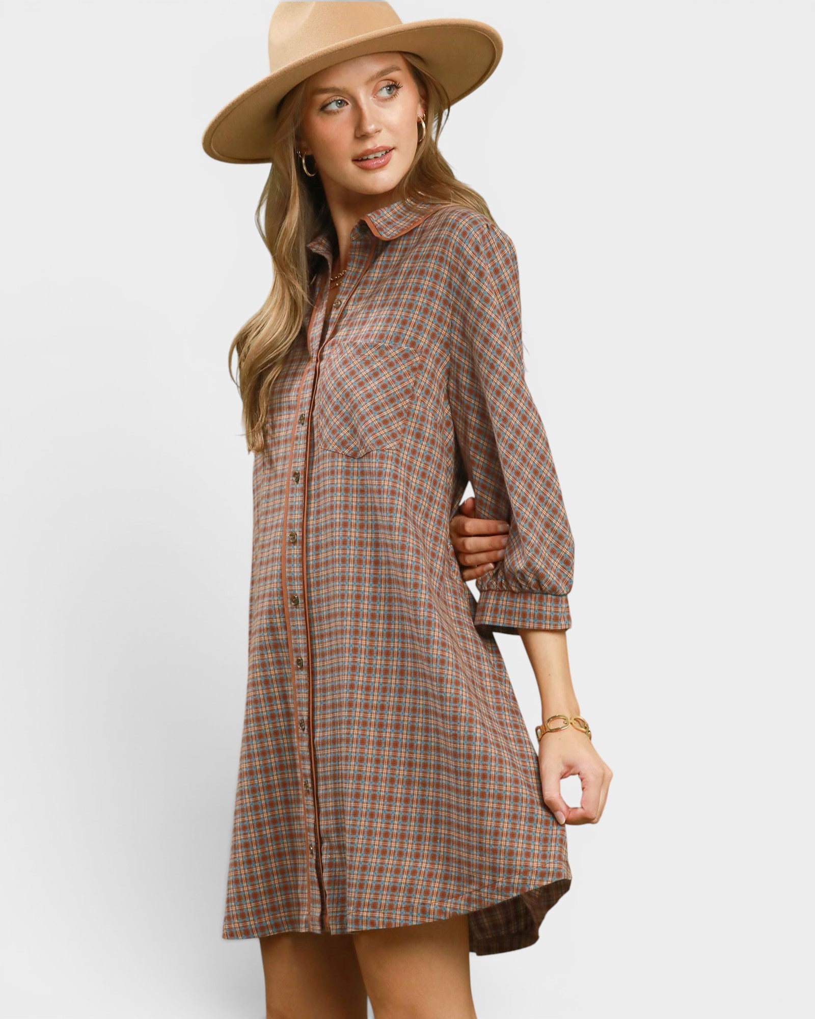 Rust Plaid Tiered Shirt Dress