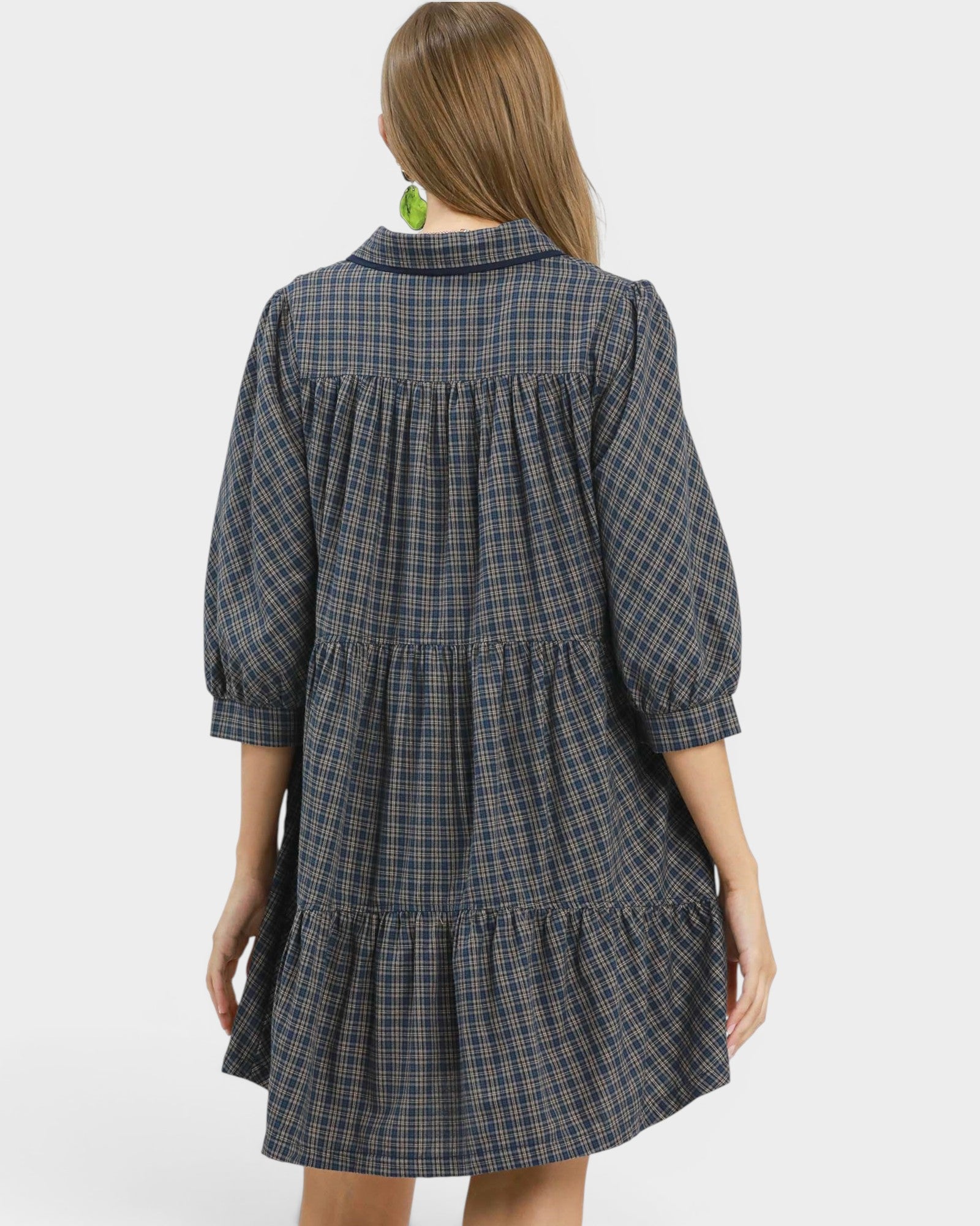 Navy Plaid Tiered Shirt Dress