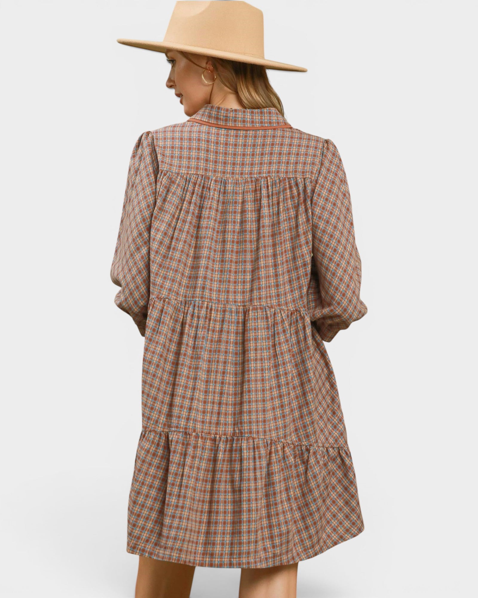 Rust Plaid Tiered Shirt Dress