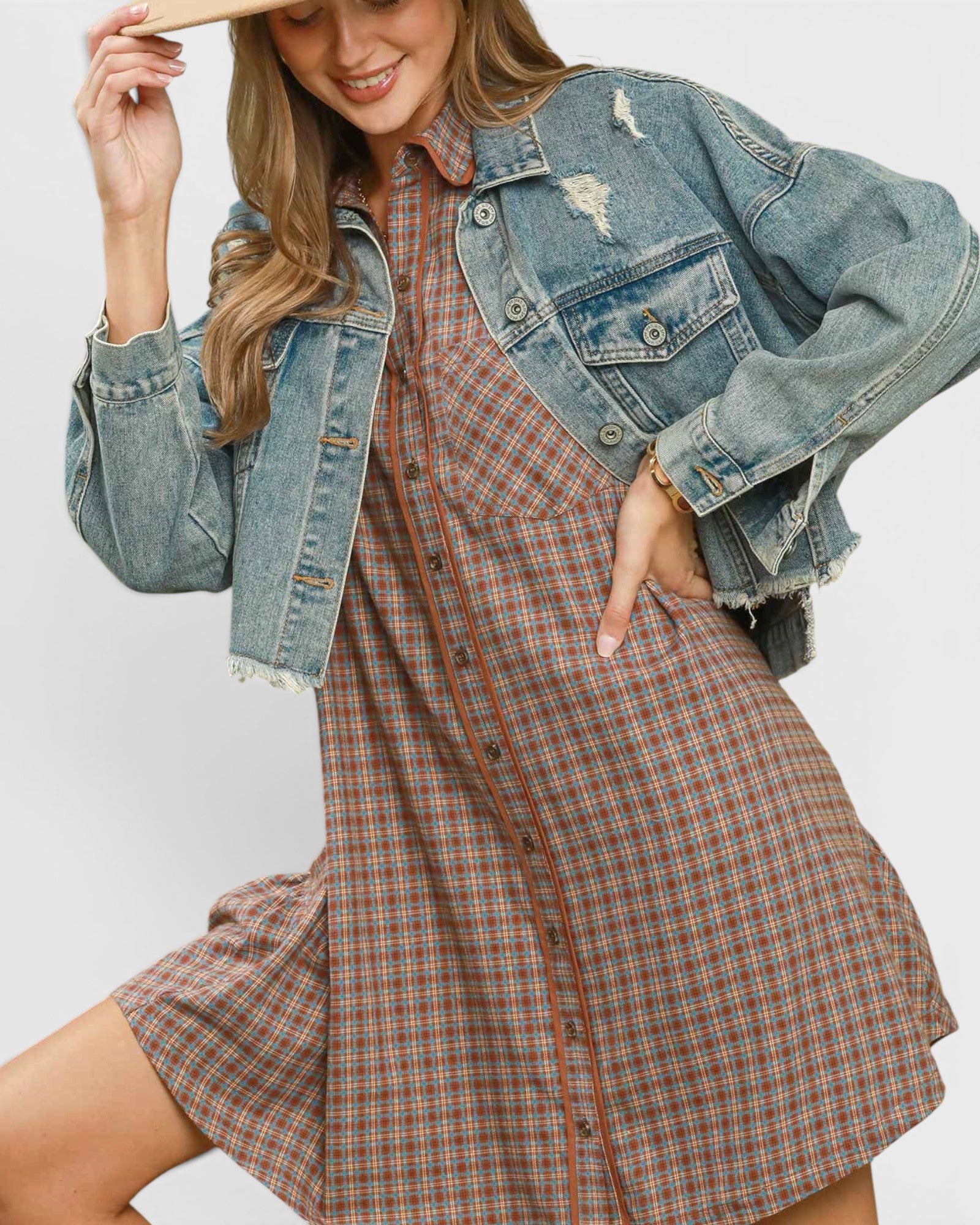 Rust Plaid Tiered Shirt Dress