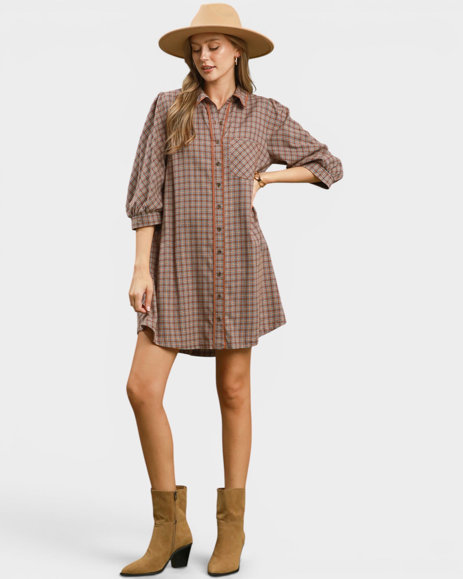 Rust Plaid Tiered Shirt Dress