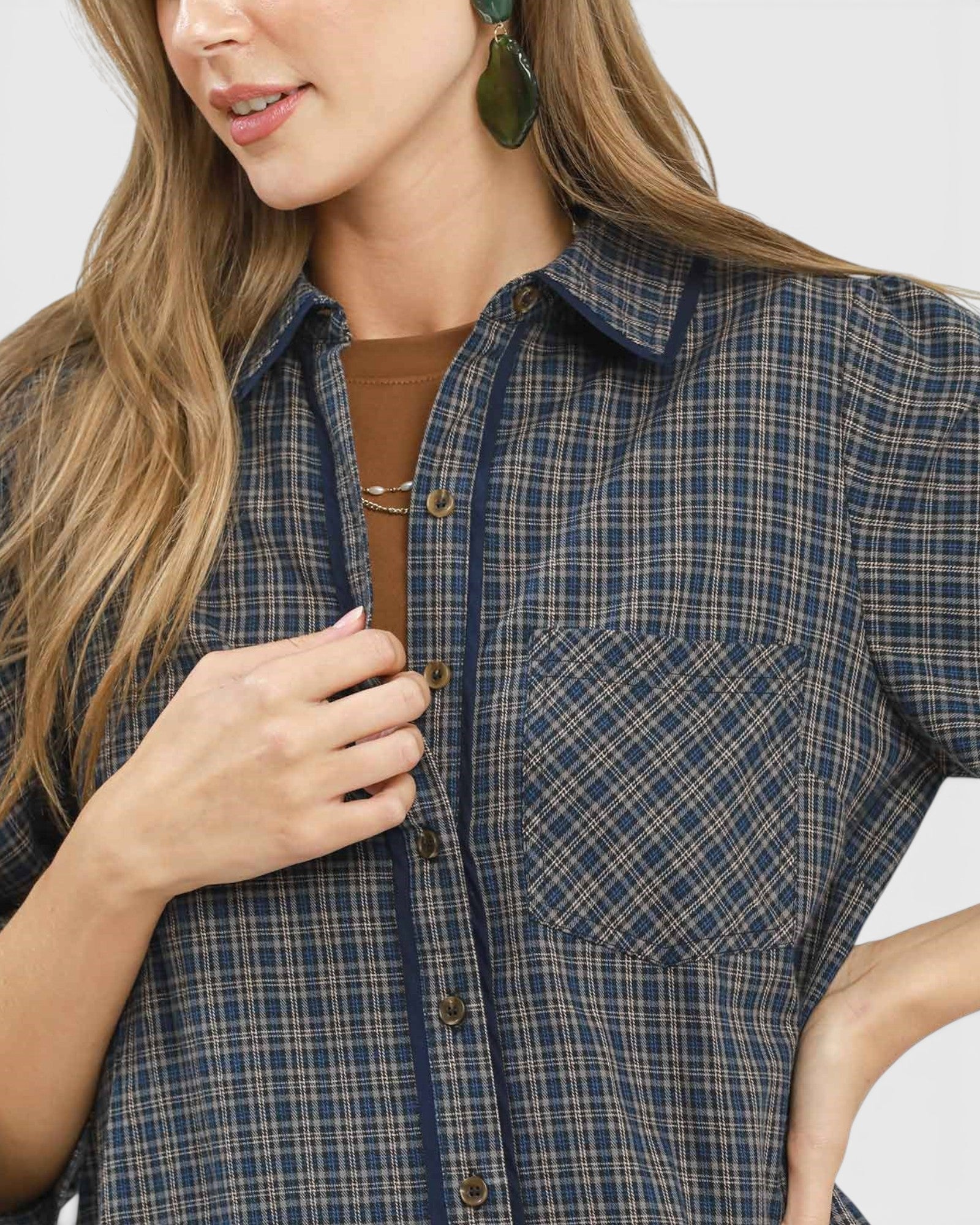 Navy Plaid Tiered Shirt Dress
