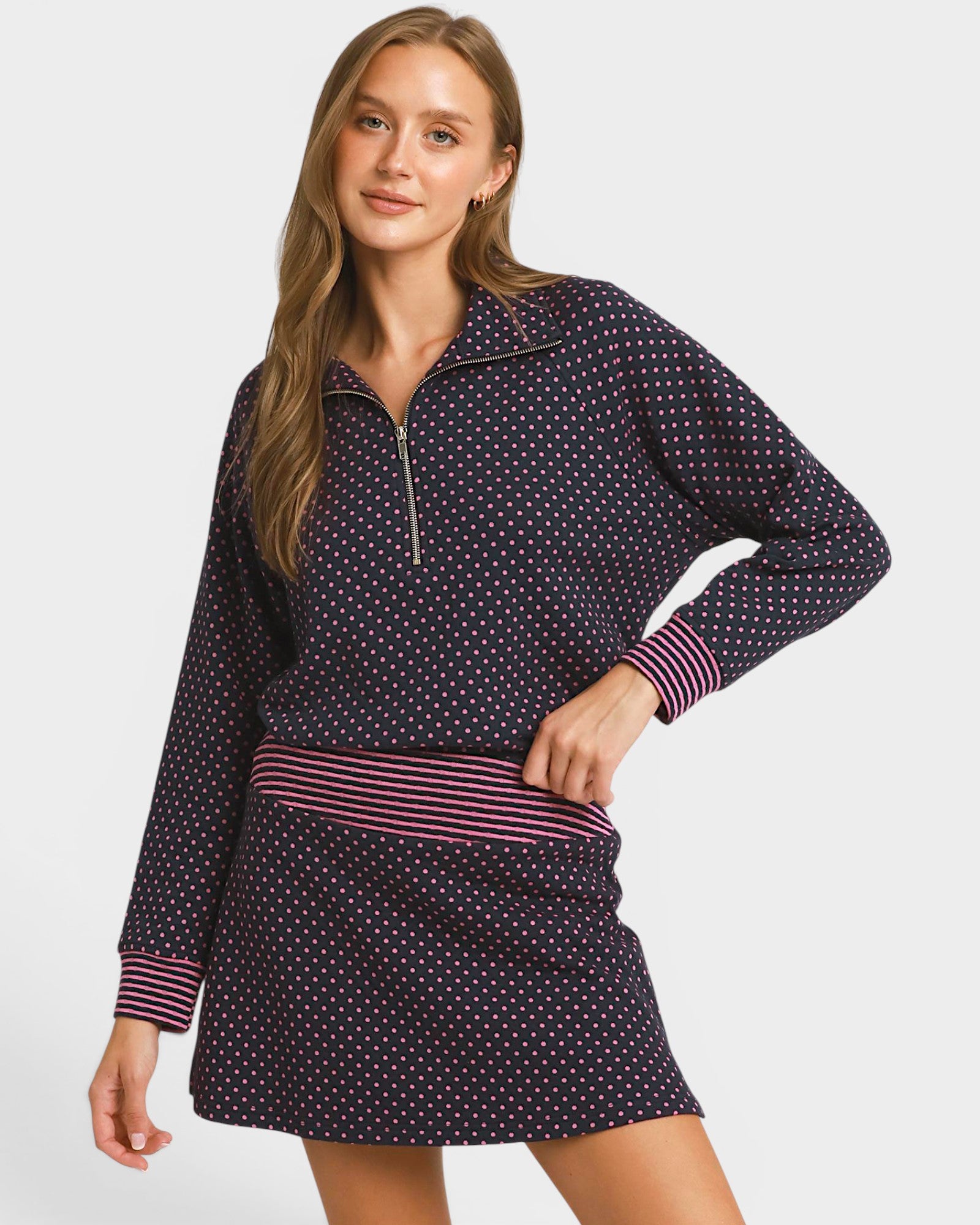 Navy & Pink Dot Quarter Zip Pullover