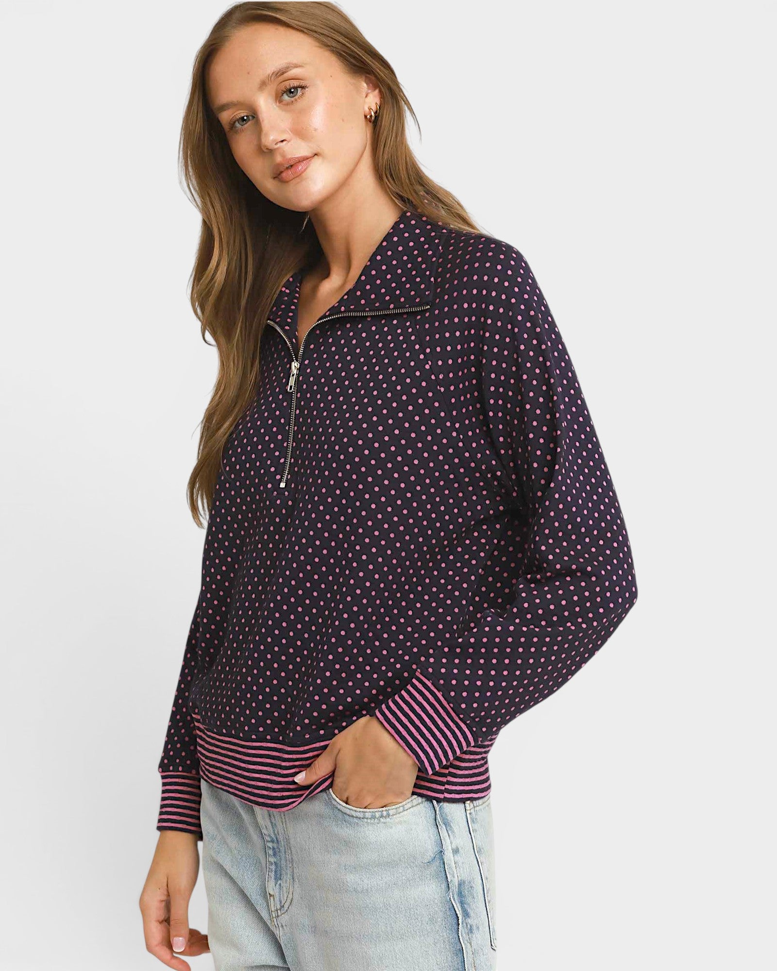 Navy & Pink Dot Quarter Zip Pullover