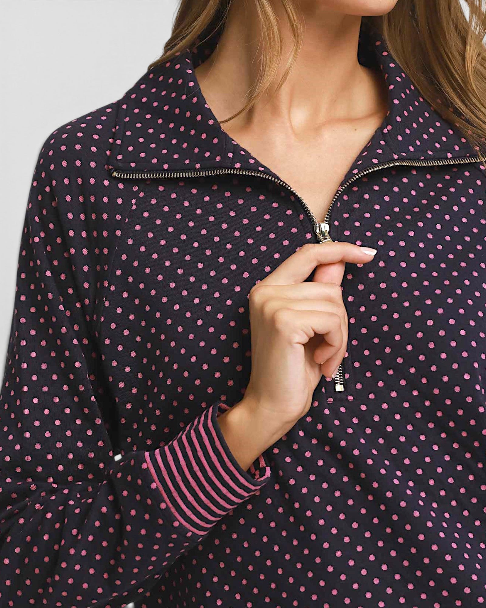 Navy & Pink Dot Quarter Zip Pullover