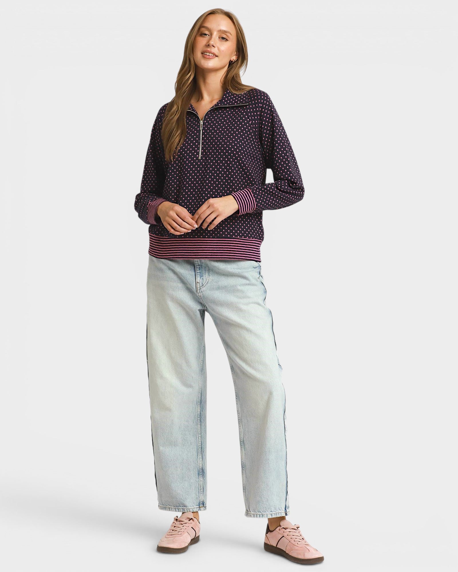 Navy & Pink Dot Quarter Zip Pullover