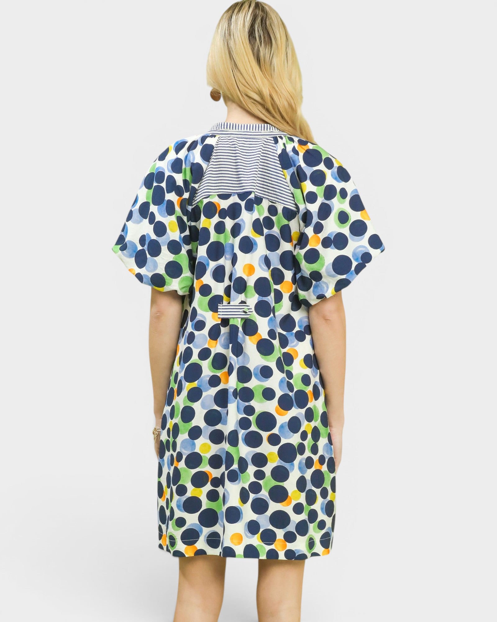 White & Navy Abstract Dot Contrast Trim Dress