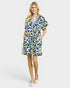 White & Navy Abstract Dot Contrast Trim Dress