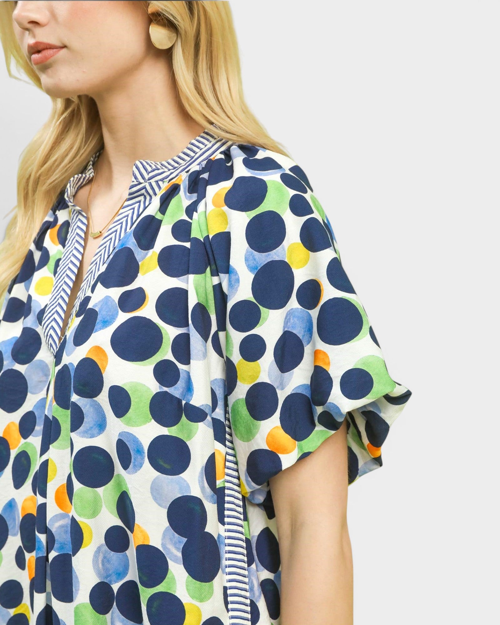 White & Navy Abstract Dot Contrast Trim Dress