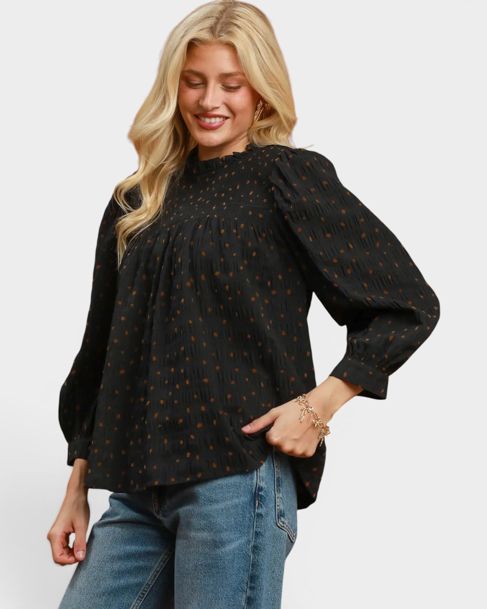 Black Dot Textured Puff Sleeve Blouse