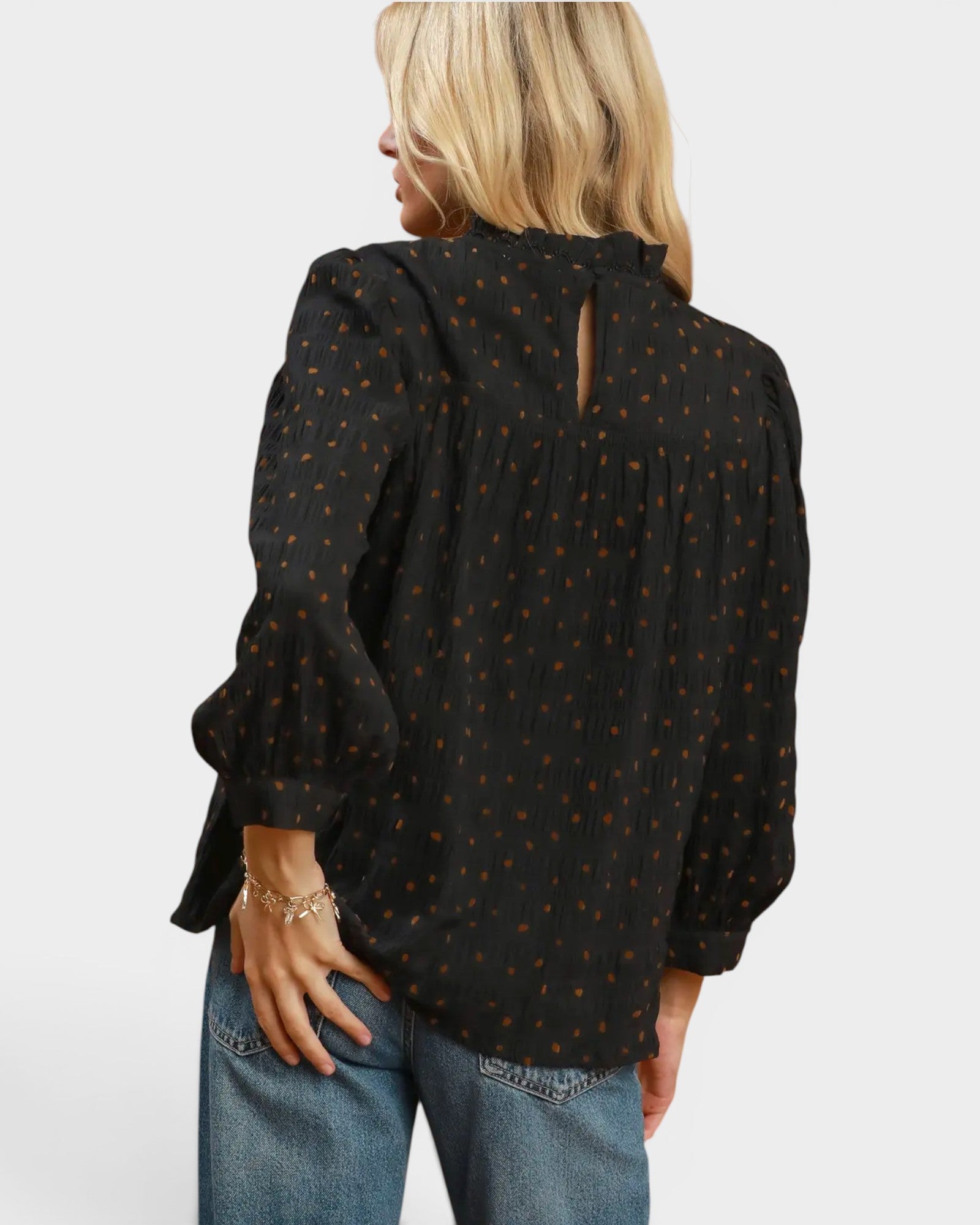 Black Dot Textured Puff Sleeve Blouse