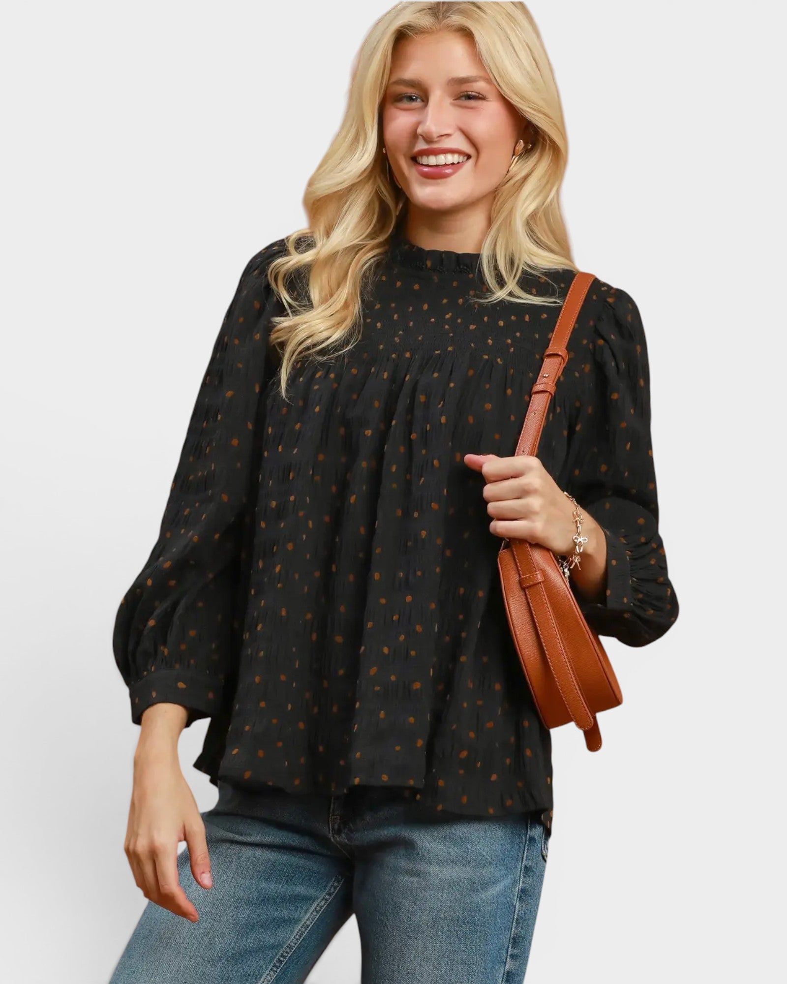 Black Dot Textured Puff Sleeve Blouse
