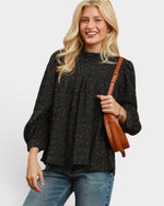 Black Dot Textured Puff Sleeve Blouse