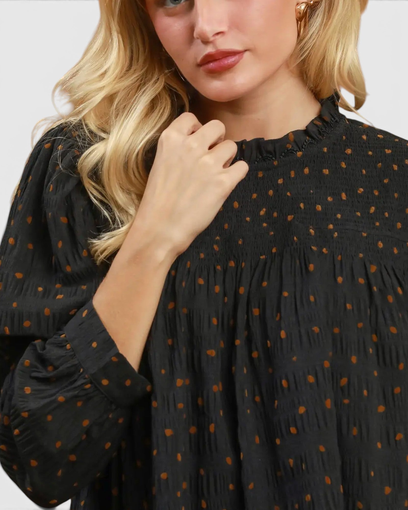 Black Dot Textured Puff Sleeve Blouse