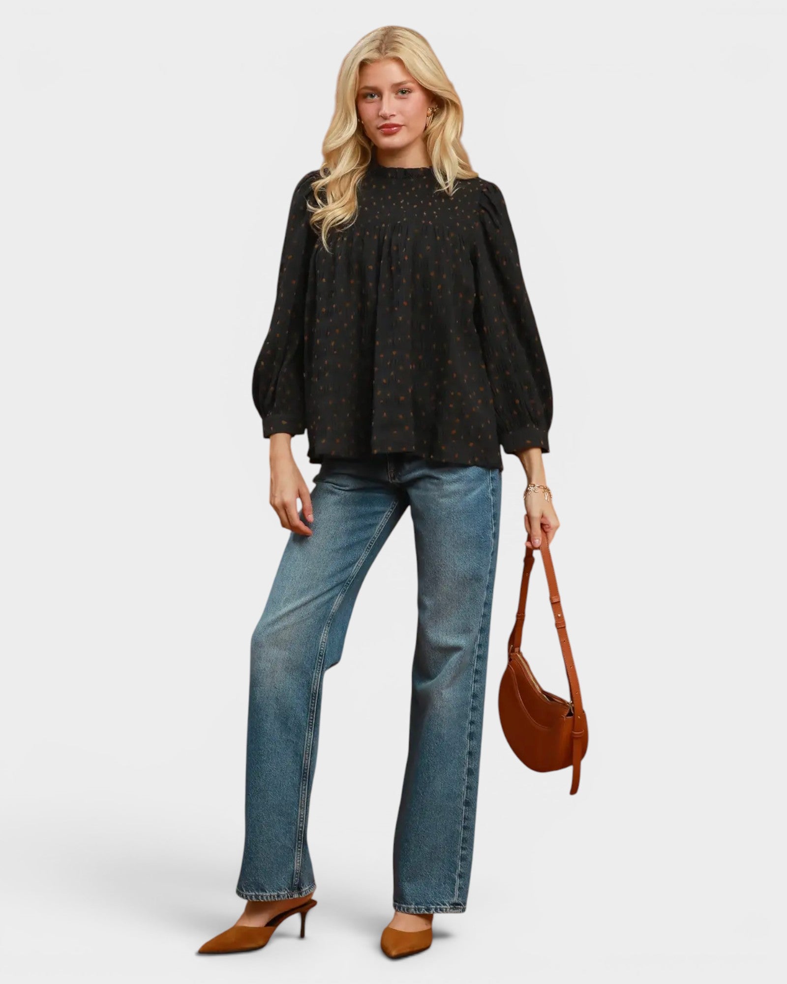 Black Dot Textured Puff Sleeve Blouse