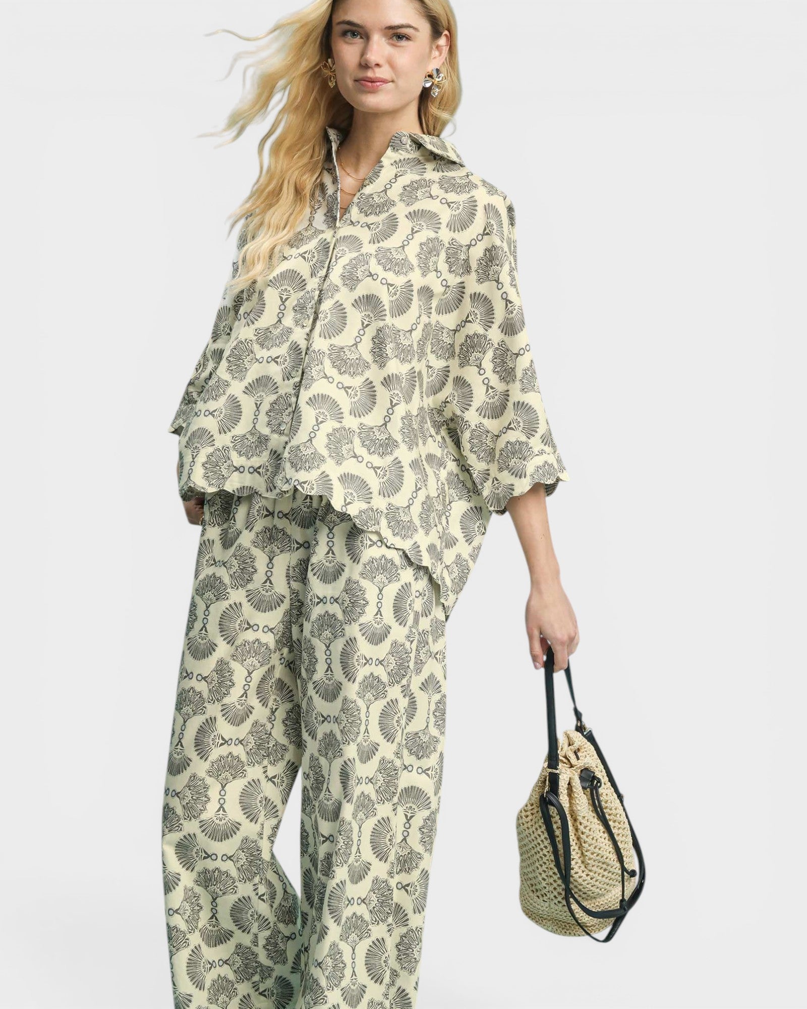 Ivory & Charcoal Fan Print Button Front Blouse