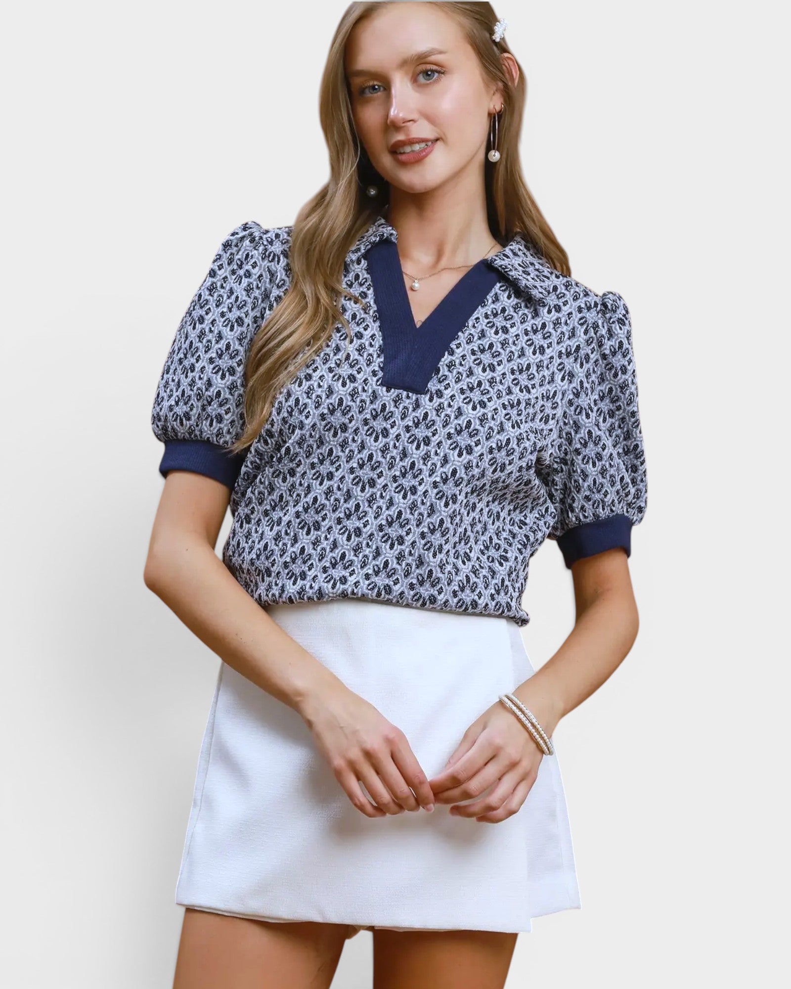 Denim Blue Puff Sleeve Collared Top