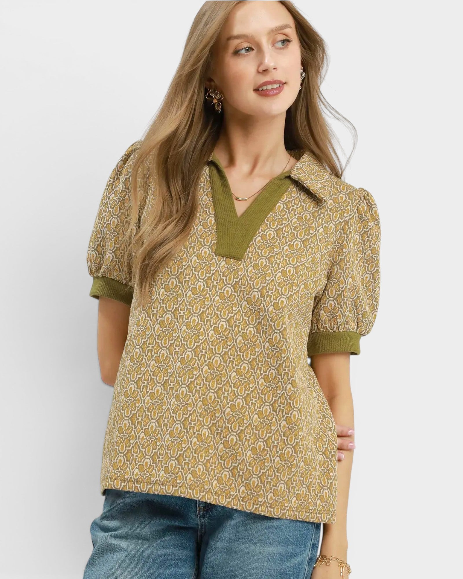 Mustard Puff Sleeve Collared Top