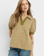 Mustard Puff Sleeve Collared Top