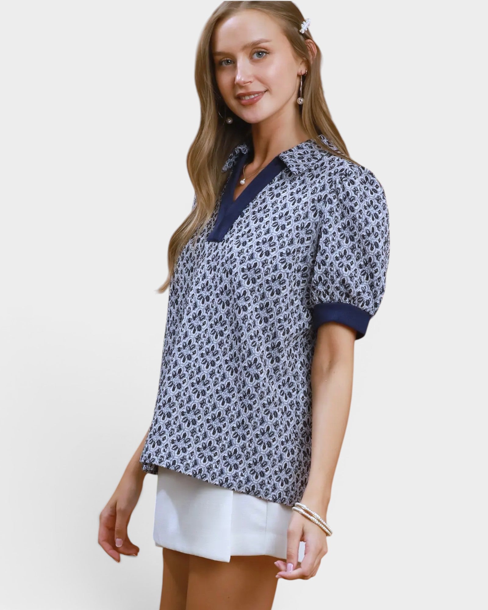 Denim Blue Puff Sleeve Collared Top